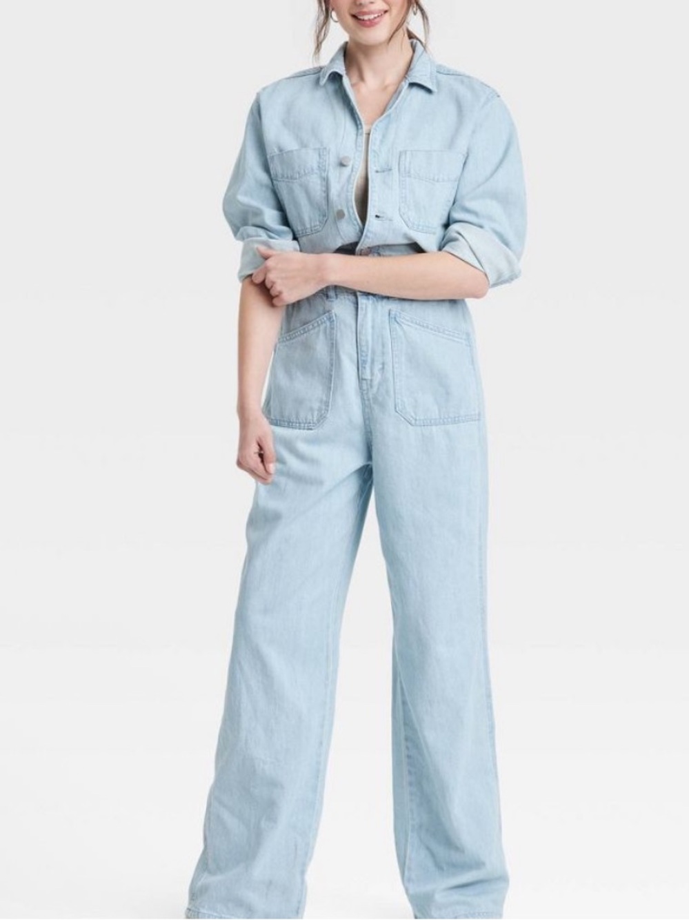NWT Universal Thread Utility Denim Jumpsuit Light Wash Wide Leg Flight Suit - Picture 3 of 5
